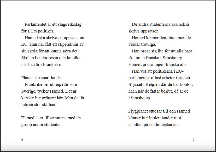 Book "Hamed och EU" in easy-to-read Swedsh (lättlast), a page from the inside